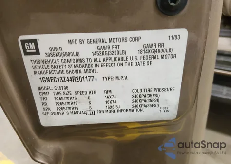 2004 Chevrolet Tahoe Lt z USA, uszkodzony, nr VIN 1GNEC13Z44R201177